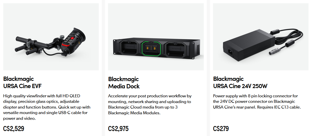 URSA CINE IMMERSIVE EVF Media Power Supply options with pricing
